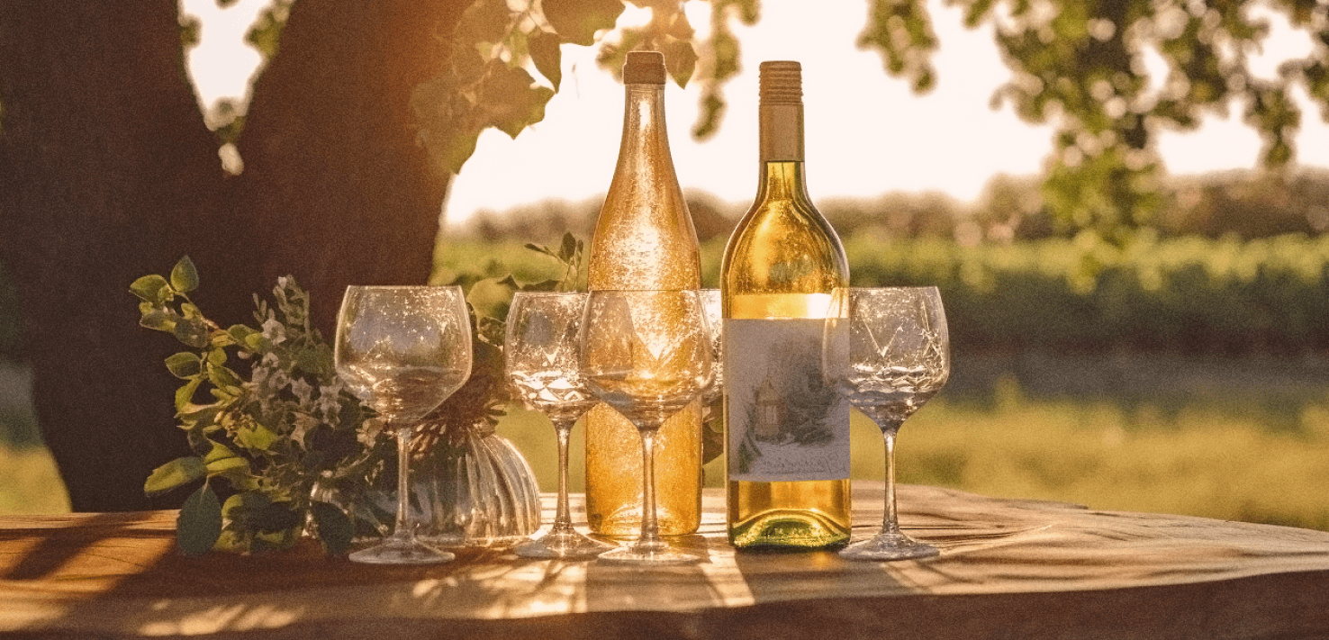 Vinflaskor och glas på ett dukat bord i en vingård